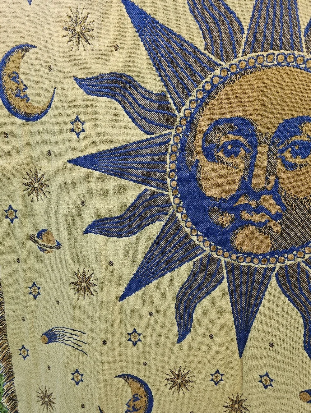 Vintage Sun & Stars Woven Tapestry Throw Blanket 90s Reversible